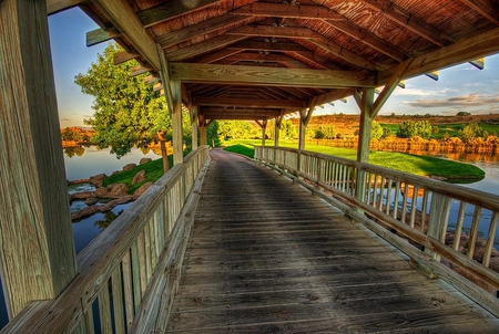 The Bridge-HDR - pretty, scenery, amazing, landscape, great, grass, sunrise, walk, riverbank, view, hdr, nice, trees, water, beautiful, photography, beauty, colors, lovely, cool, tree, colorful, river, nature, sunset, bridge