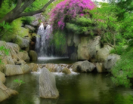 Waterfall. - waterfall, pool, rock, flower, tree