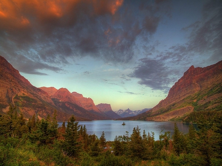 Saint Marys Lake at Sunrise Glacier National Park Montana - glacier, cloud, sunrise, lake, mountain, tree, sky