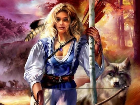 Huntress and Her Wolf - abstract, hunter, fantasy, animal, woman, wolf