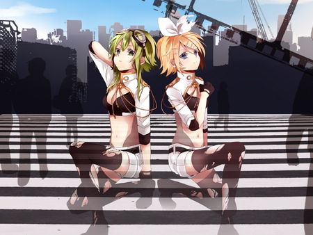 Gumi & Kagamine Rin - gumi, girls, kagamine rin, anime, ribbon, city, walk, bow