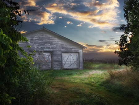 Garage - garage, trees, clouds, grass