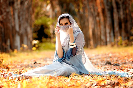 Veiled Beauty - veiled, trees, lady, autumn, bright, banglesbeauty, sitting, leaves