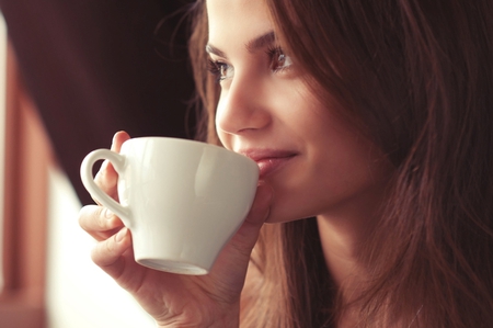 Good morning beautiful - brown eyes, beautiful girl, coffee, beauty, hair, lips, smile, stare, good morning, face, sunny day, cup