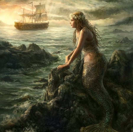 Mermaid - fantasy, mermaid, ship, island, ocean