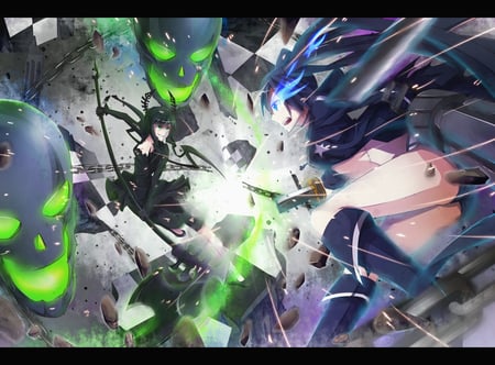 Black Rock Shooter - anime, takanashi yomi, kuroi mato, dead master, sword, weapons, cool, skull, girls, black rock shooter, chains, sexy