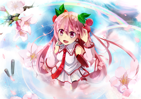 Sakura Miku - alternate color, female, water, taicho128, solo, petal, cherry blossom, pink eyes, aerial view, hatsune miku, rainbow, detached sleeves, long hair, pink hair, sakura miku, twin tails, microphone, vocaloid, flower