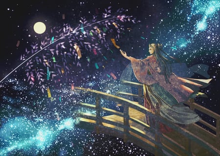 Yanagi Nikichi - moon, female, night, stars, dark, solo, japanese clothes, tanabata, paper, sky, bridge