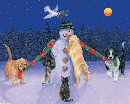 Naughty dogs * By Avril Haynes - moon, snowman, dove, avril haynes, winter, painting, art, dog, snow