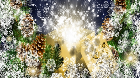 Christmas Brightness - stars, gift, snowflakes, christmas, cones, snow, tree, feliz navidad, firefox persona