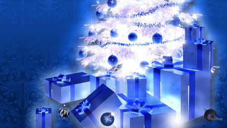 Wrapped in Blue - boxes, ribbons, shine, christmas, glow, glowing, blue, tree, gifts, ornaments, firefox persona