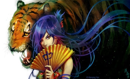 Original Girl & Tiger - sign, anime girl, original girl and tiger, female, original, hot, fan, cool, tiger, yuumei, fang, animal, sharp teeth, blue hair, sexy, chinese clothes