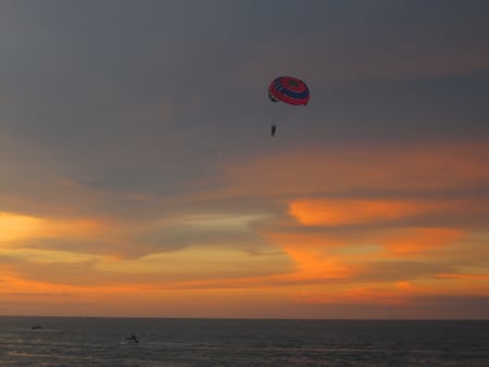 Sunset Penang Malaysia - beach, sky, ocean, water, sunset, red, blue, beautiful, clouds, sunsets, malaysia, parachute, sea