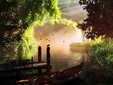 Dawn - sunlight, trees, birds, forest, dock, dawn, green, mist, lake