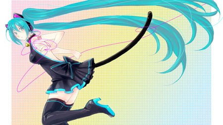 Hatsune Miku - animal ears, dress, aqua eyes, aqua hair, tail, long hair