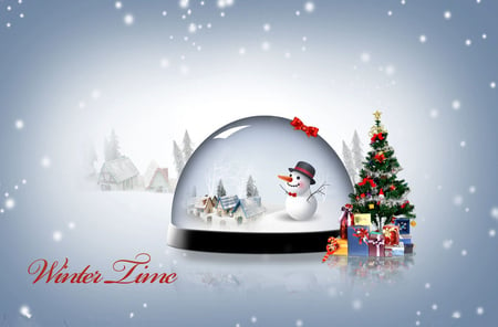 Merry Christmas - pretty, star, globe, gifts, blue, fantassy, presents, snow, holiday, roof, bowtie, merry christmas, houses, ribbons, candy cane, hat, snowman, winter, gold, 6rnaments, village, black, white, sticks, christmas tree, winter time, cute, snow globe, carrot nose