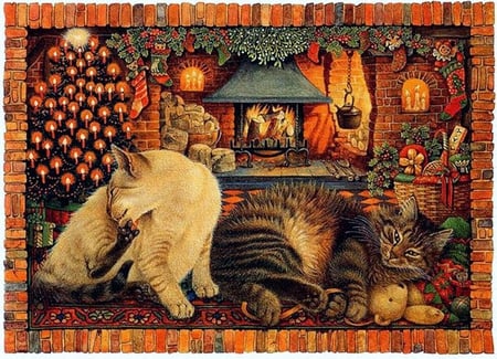 Lesley Ann Ivory - lesley ann ivory, cat, fireplace, basket, christmas, kitten, painting, art, holiday, tree