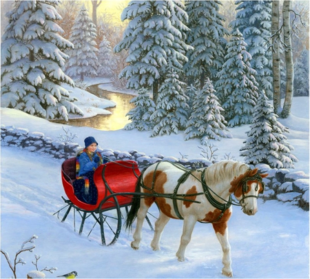 By Ruth Sanderson - horse, winter, sleigh, girl, art, river, ruth sanderson, tree, sunset, painting, snow