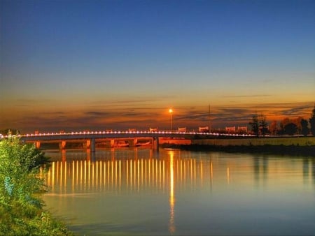 sunset bridge - river, ray, beautiful, sunsets, bridge