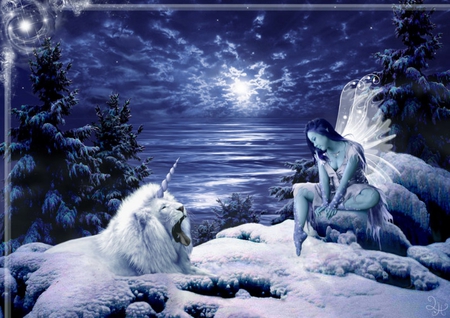 ARCTIC FAIRY - blue, snow, fairy, lion, ocean, arctic, sky