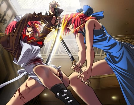 Hisui VS Kohaku - swords, clash, anime girl, orange eyes, battle, anime, gritted teeth, tsukihime, anime girls, blue eyes, blood, boots, apron, red hair, fight, action, bandages, hisui, kohaku, weapons, dress, duel