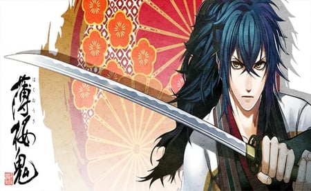 Ryuunosuke Ibuki - sword, ibuki, katana, writing, anime, weapons, male, long hair, hakuouki shinsengumi kitan, blade, yellow eyes, blue hair, ryuunosuke ibuki