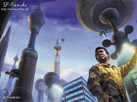 futuristic city - clouds, shuttles, lights, blue sky, man, buildings