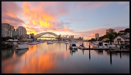 bay_of_fire - clouds, city, reflection, buildings, boats, lake, sky, bridge, bay