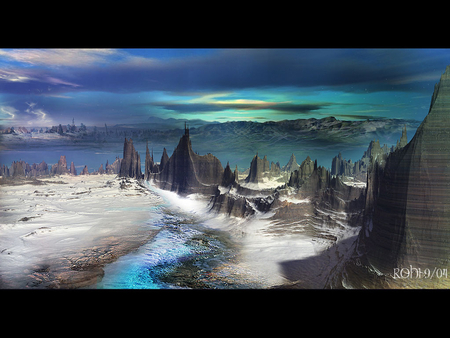 alien world - stars, rock formation, shadows, snow, clouds, blue sky