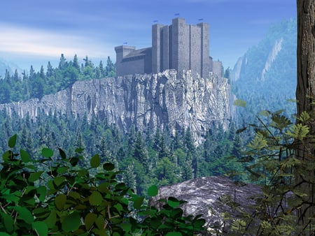 cliff top fortress - cliffs, clouds, flags, blue sky, castle, trees