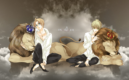 Kings - anime, blue, crown, blond hair, green eyes, cat, male, animal, king, red, lion