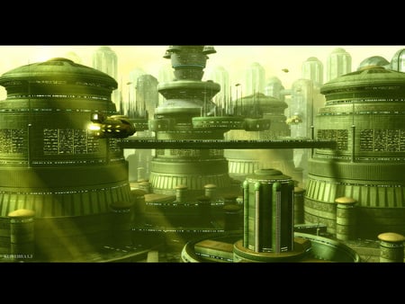 futuristic city - shuttles, light shafts, walkway, buildings, lights