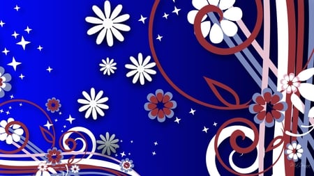 Red White Blues - abstract, independence day, blue, 4th of july, stars, firefox persona, flowers, white, red, swirls