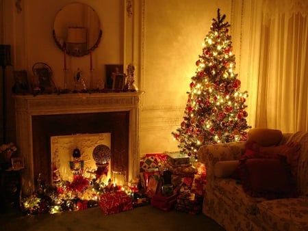 Christmas Glow - home, cosy, presents, fireplace, tree, lights