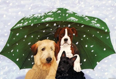 By Avril Haynes - abril haynes, winter, snow, dog, umbrella, animal, painting, rain, cute, puppy, art