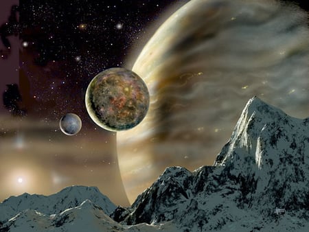 alien moon - mountains, moons, planet, sun, stars, snow