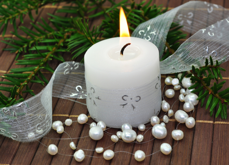 Christmas - pretty, elegantly, photo, holiday, ribbon, merry christmas, nice, delicate, pearls, happy new year, beautiful, photography, candle, beauty, lovely, cool, still life, harmony, christmas, white