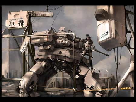 mechs - building, clouds, robot, corden, man