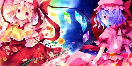 Remilia & Flandre Scarlet - girls, colorful, wings, het, scarlet, touhou, bow, flandre, anime, ribbon, remilia, short hair, dress, blonde