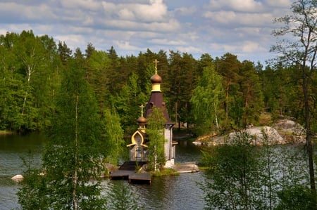 River Church - clouds, pretty, st, trees, trinity, vyks, water, beautiful, petersburg, russian, classic, temple, sky, saint