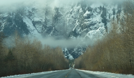 Mountain Frosting - mountain, clouds, fog, winter, highway, mist