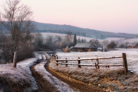 Carpathian Village - village, road, hay, snow, houses, dreamy, tractor, carpathian