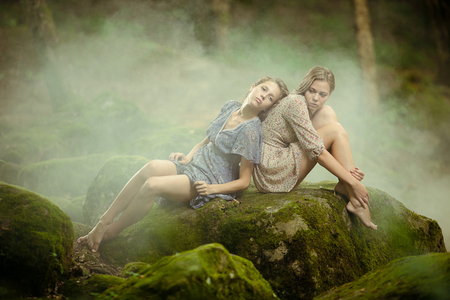 Forever Friends - girls, beautiful, sisters, mist, rock, moss, friends