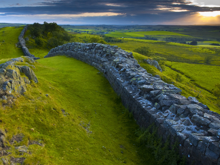 Hadrians Wall, Northumberland, England. - scenery, landscape, hadrians wall, grass, cloud, field, sun, sky, wall