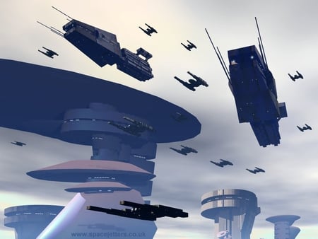 futuristic city - shuttles, blue sky, clouds, buildings