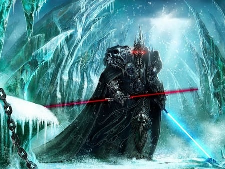 jedi sith - cloak, chains, snow, light sabres, red eyes, skull