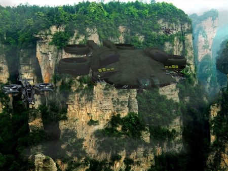 avatar - aircraft, trees, cliffs, clouds