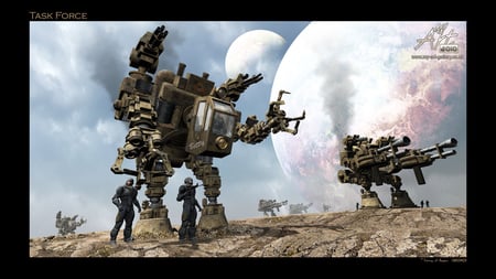 mechs assault - clouds, moon, soldiers, planet, shadows, blue sky