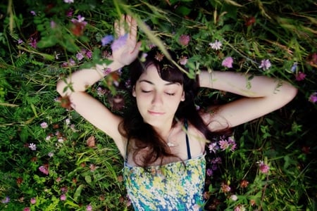 Close to the nature - beauty, dreams, girl, hair, ground, lovely, face, nature, green, happy day, sweet, flowers, grass, harmony