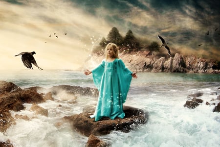 elven_magic. - beach, art, girl, child, wave, fantasy, birds